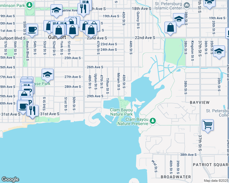 map of restaurants, bars, coffee shops, grocery stores, and more near 4526 29th Avenue South in Gulfport
