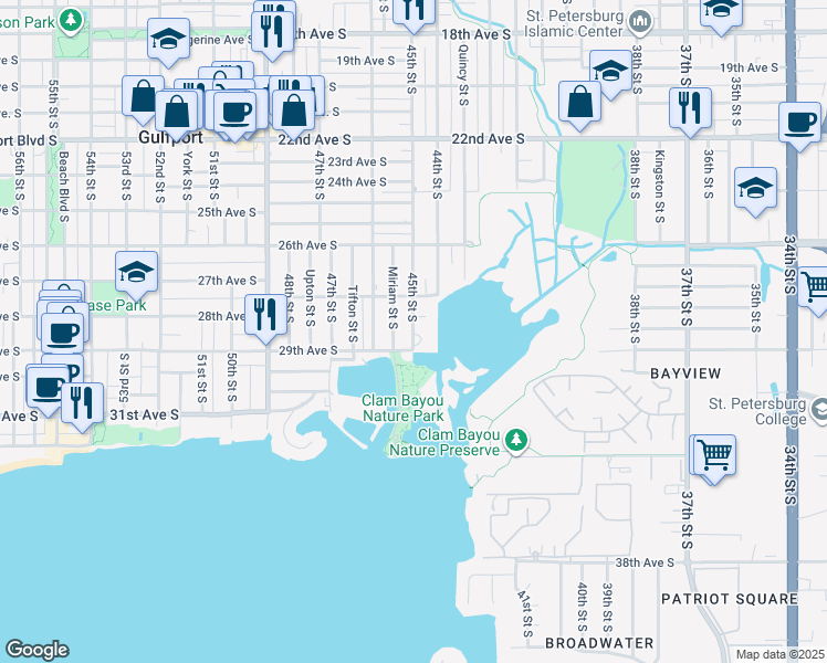 map of restaurants, bars, coffee shops, grocery stores, and more near 2900 45th Street South in Gulfport