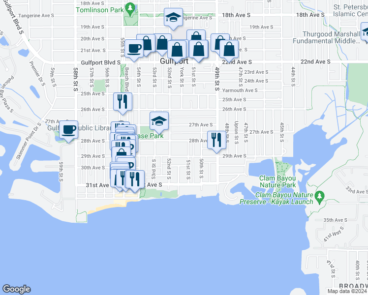 map of restaurants, bars, coffee shops, grocery stores, and more near 5108 29th Avenue South in Gulfport