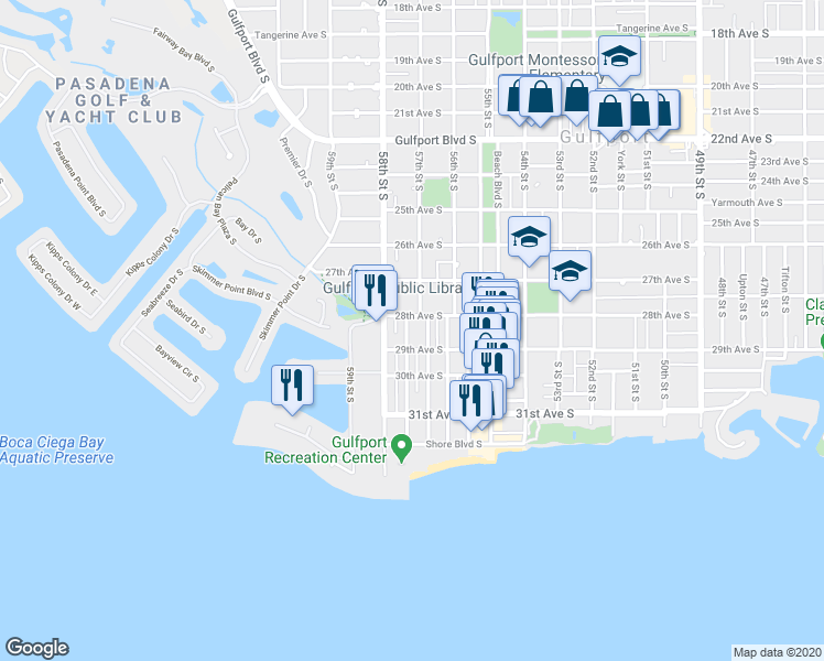 map of restaurants, bars, coffee shops, grocery stores, and more near 2901 Dupont Street South in Gulfport