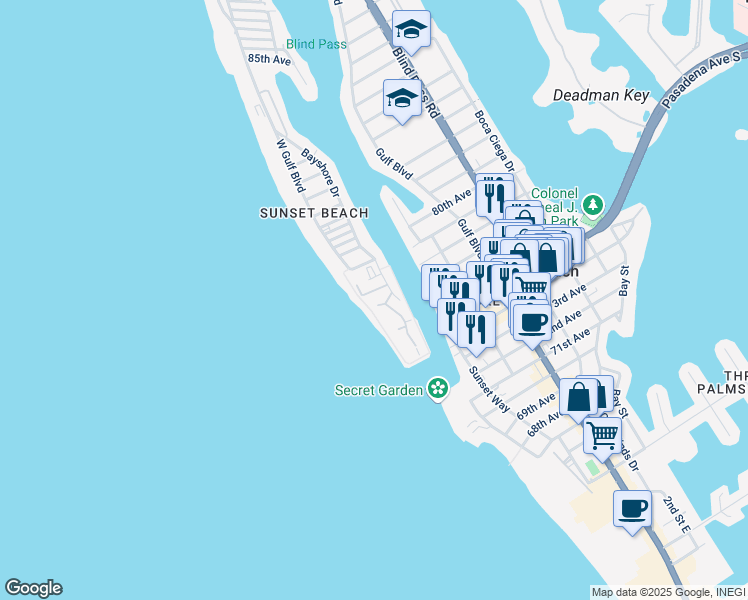 map of restaurants, bars, coffee shops, grocery stores, and more near 7480 Bayshore Drive in Treasure Island