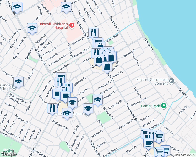 map of restaurants, bars, coffee shops, grocery stores, and more near 525 Grant Place in Corpus Christi