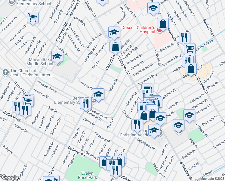 map of restaurants, bars, coffee shops, grocery stores, and more near 4016 Willow Street in Corpus Christi