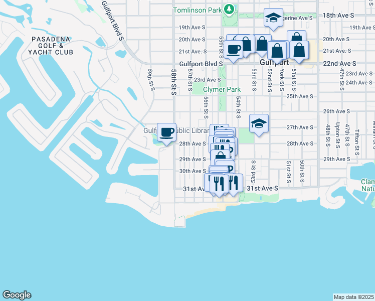 map of restaurants, bars, coffee shops, grocery stores, and more near 2901 Dupont Street South in Gulfport