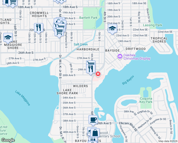map of restaurants, bars, coffee shops, grocery stores, and more near 166 Pompano Drive Southeast in St. Petersburg