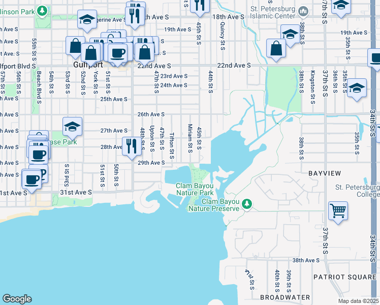 map of restaurants, bars, coffee shops, grocery stores, and more near 2705 Miriam Street South in Gulfport