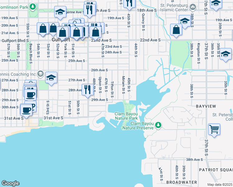 map of restaurants, bars, coffee shops, grocery stores, and more near 2801 Tifton Street South in Gulfport