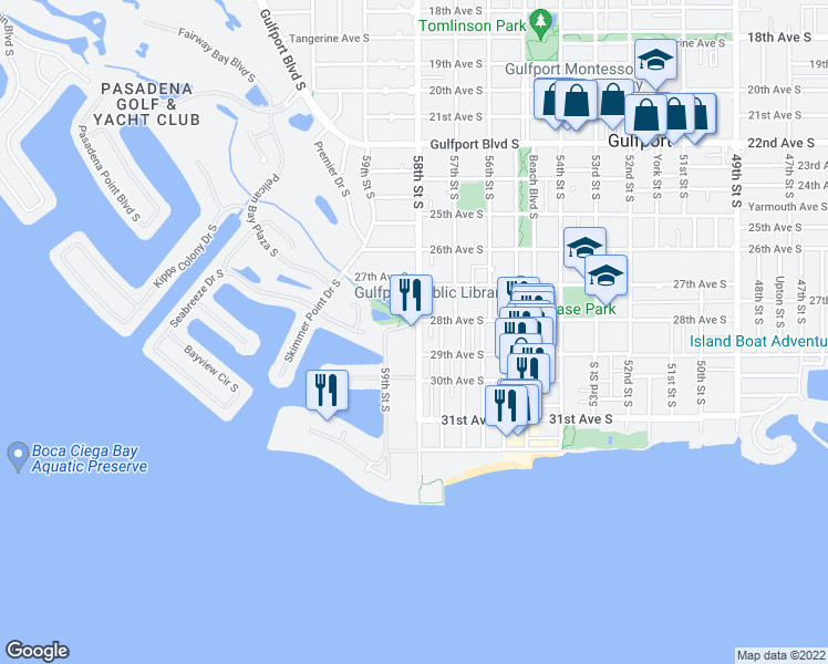 map of restaurants, bars, coffee shops, grocery stores, and more near 5800 28th Avenue South in Gulfport