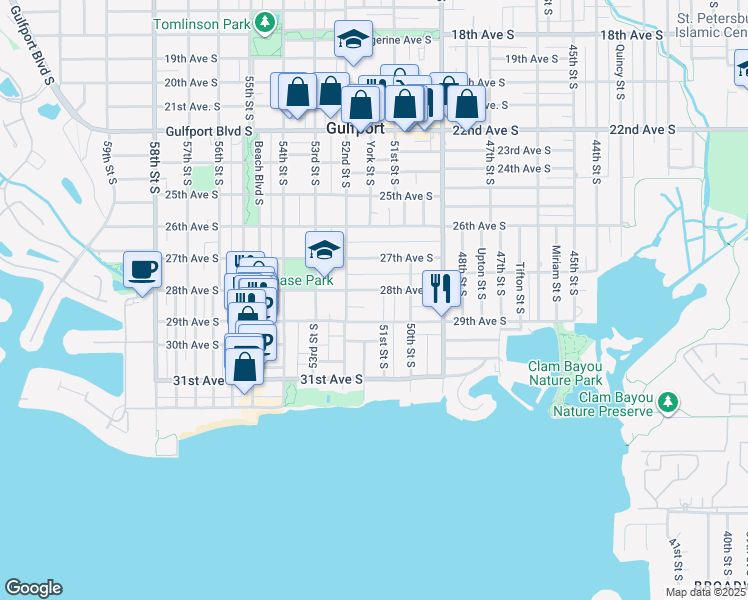 map of restaurants, bars, coffee shops, grocery stores, and more near 5103 28th Avenue South in Gulfport