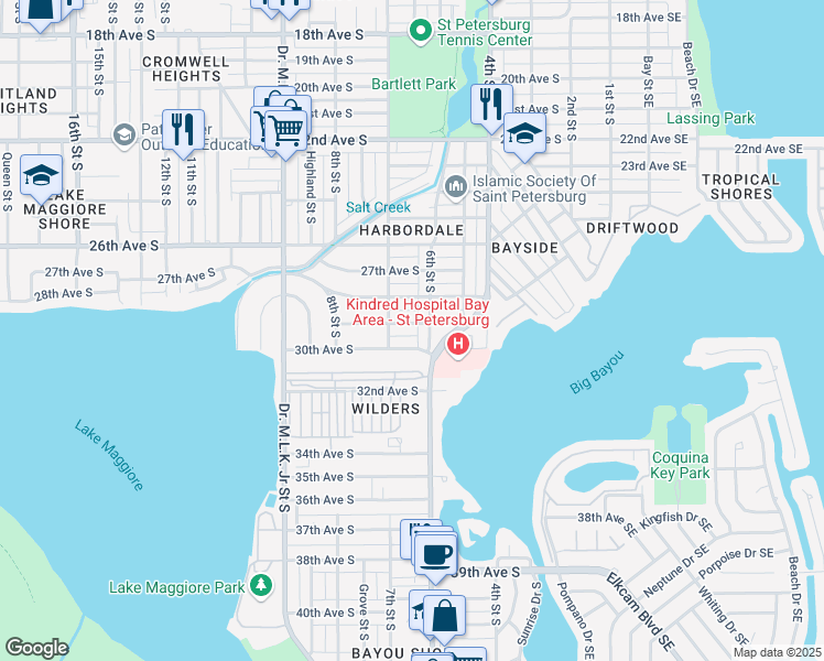 map of restaurants, bars, coffee shops, grocery stores, and more near 2825 6th Street South in St. Petersburg
