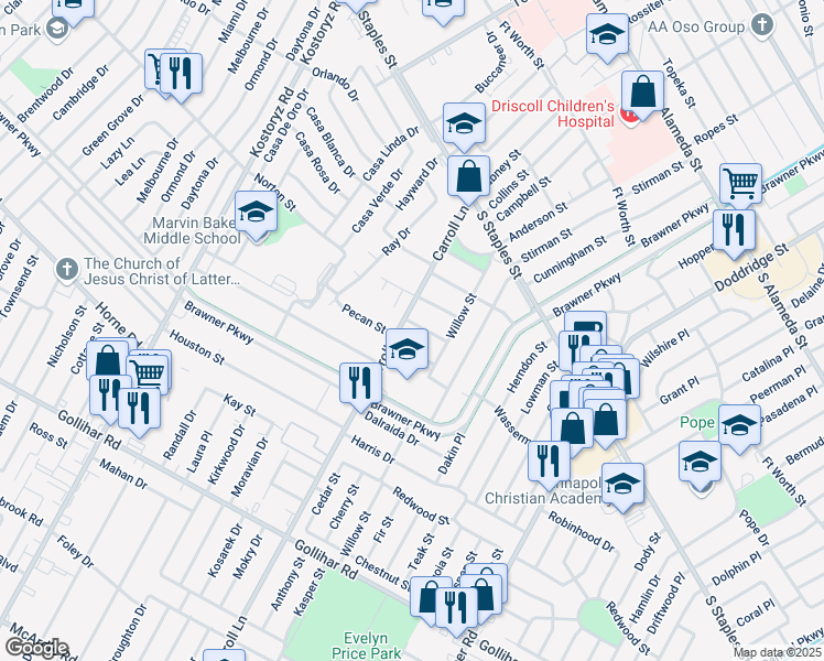 map of restaurants, bars, coffee shops, grocery stores, and more near 3602 Mulberry Street in Corpus Christi