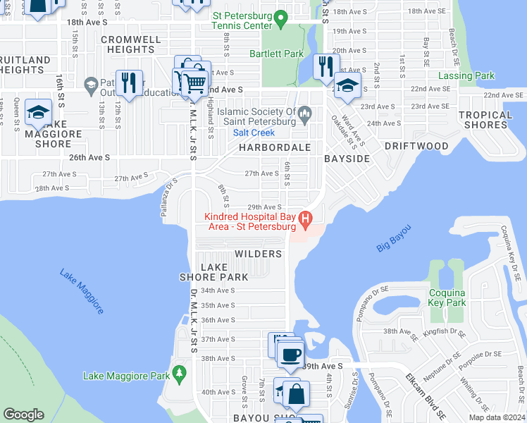 map of restaurants, bars, coffee shops, grocery stores, and more near 670 29th Avenue South in Saint Petersburg