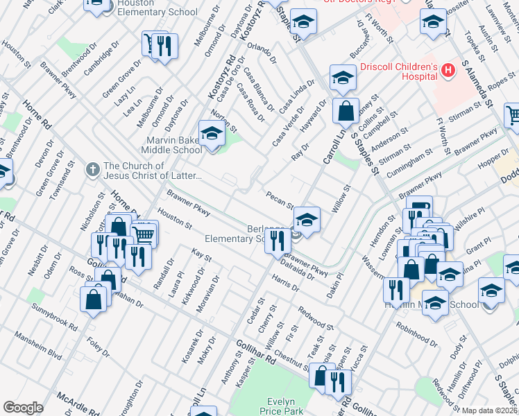 map of restaurants, bars, coffee shops, grocery stores, and more near 3444 Olsen Drive in Corpus Christi