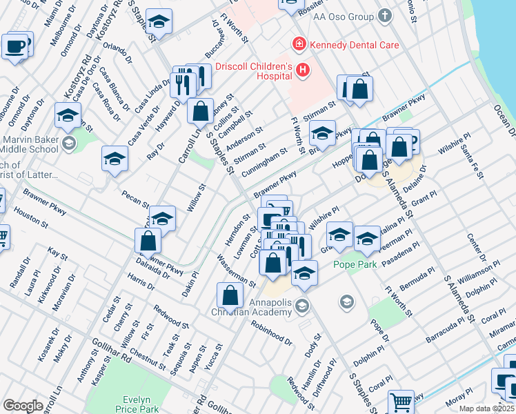map of restaurants, bars, coffee shops, grocery stores, and more near 1033 Brawner Parkway in Corpus Christi