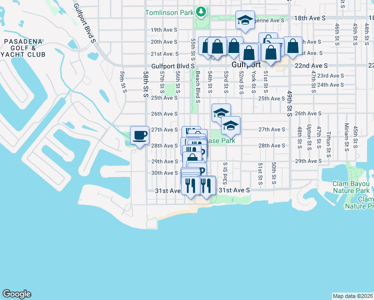 map of restaurants, bars, coffee shops, grocery stores, and more near 2725 Beach Boulevard South in Gulfport
