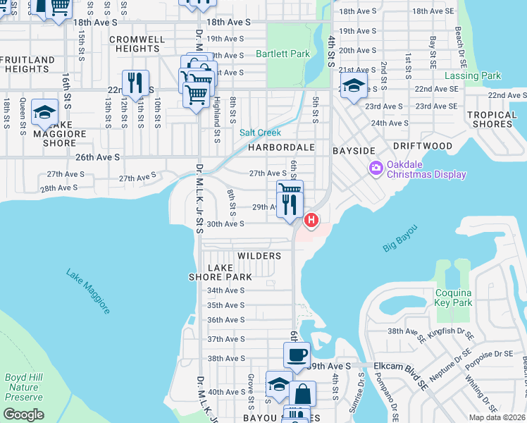 map of restaurants, bars, coffee shops, grocery stores, and more near 725 29th Avenue South in St. Petersburg