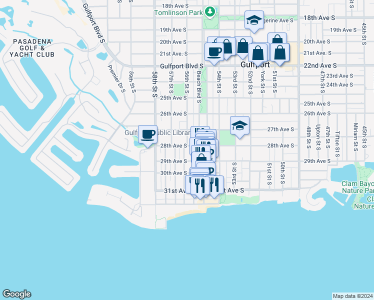 map of restaurants, bars, coffee shops, grocery stores, and more near 5619 28th Avenue South in Gulfport