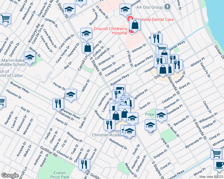 map of restaurants, bars, coffee shops, grocery stores, and more near 1033 Brawner Parkway in Corpus Christi