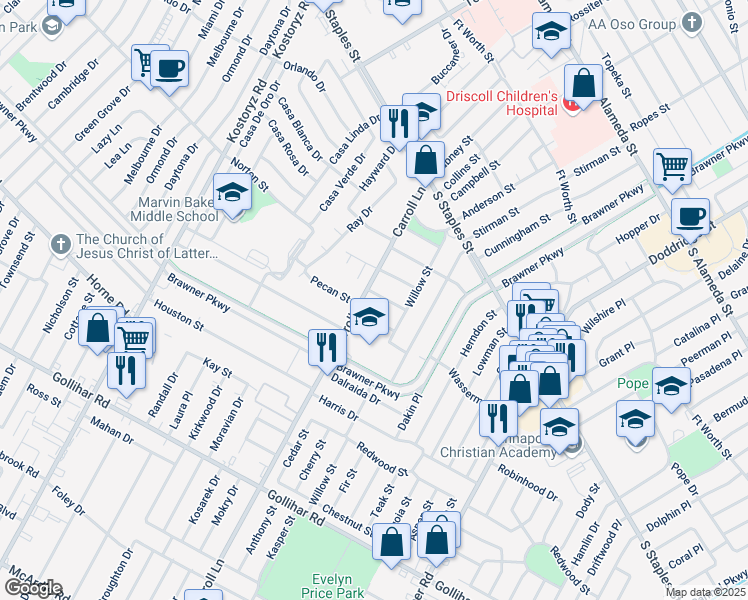 map of restaurants, bars, coffee shops, grocery stores, and more near 3602 Mulberry Street in Corpus Christi