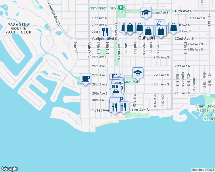 map of restaurants, bars, coffee shops, grocery stores, and more near 5619 28th Avenue South in Gulfport