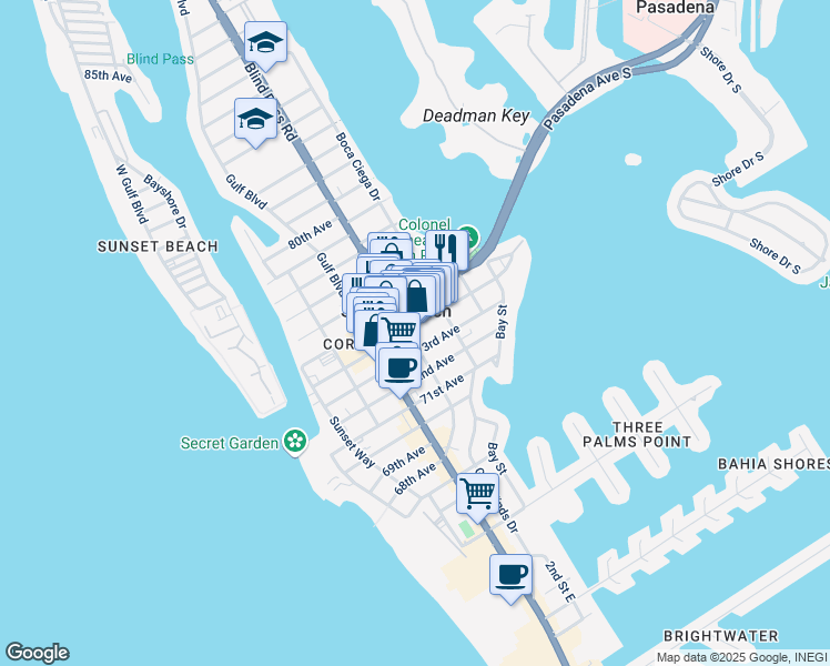 map of restaurants, bars, coffee shops, grocery stores, and more near 320 Corey Avenue in St. Pete Beach