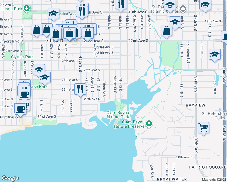 map of restaurants, bars, coffee shops, grocery stores, and more near 2807 Miriam Street South in Gulfport
