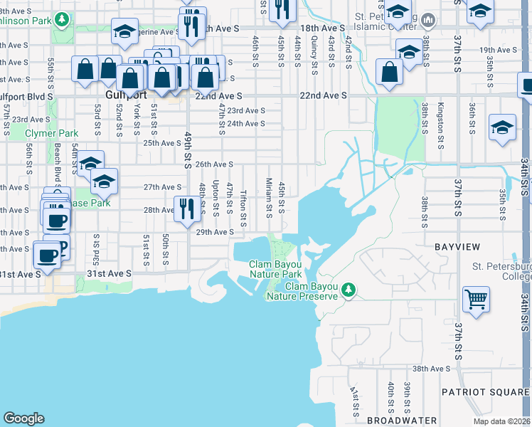 map of restaurants, bars, coffee shops, grocery stores, and more near 2807 Miriam Street South in Gulfport