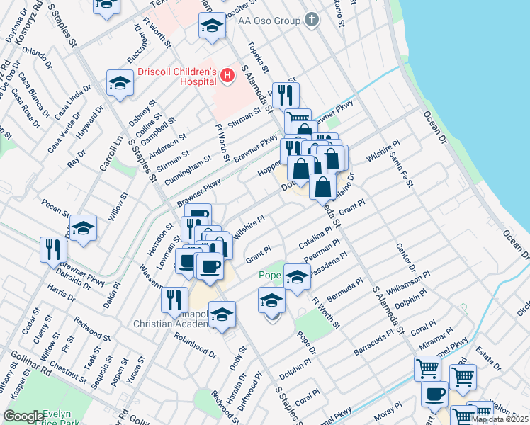 map of restaurants, bars, coffee shops, grocery stores, and more near 902 Wilshire Place in Corpus Christi