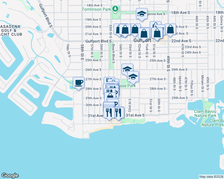 map of restaurants, bars, coffee shops, grocery stores, and more near 2725 Beach Boulevard South in Gulfport