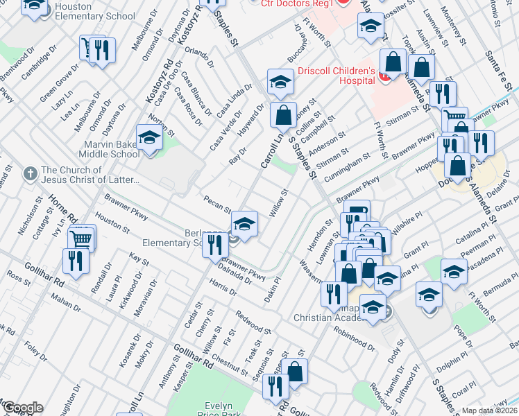 map of restaurants, bars, coffee shops, grocery stores, and more near 3621 Cottonwood Street in Corpus Christi