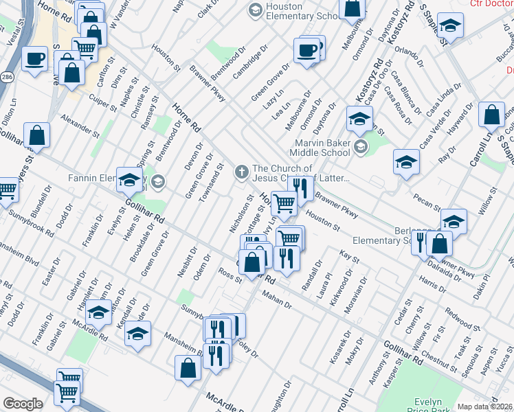 map of restaurants, bars, coffee shops, grocery stores, and more near 4201 Cottage Street in Corpus Christi