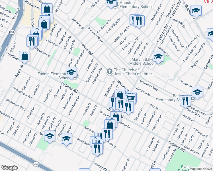 map of restaurants, bars, coffee shops, grocery stores, and more near 4302 Hollywood Terrace in Corpus Christi