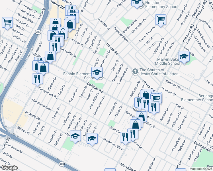 map of restaurants, bars, coffee shops, grocery stores, and more near 4414 Devon Drive in Corpus Christi
