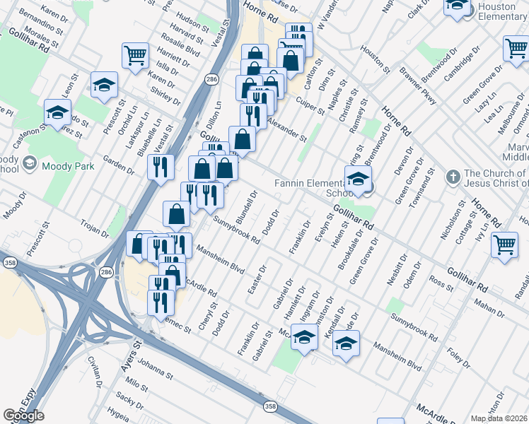 map of restaurants, bars, coffee shops, grocery stores, and more near 4614 Blundell Drive in Corpus Christi