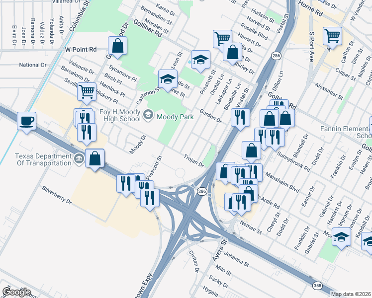 map of restaurants, bars, coffee shops, grocery stores, and more near 4825 Orchid Lane in Corpus Christi