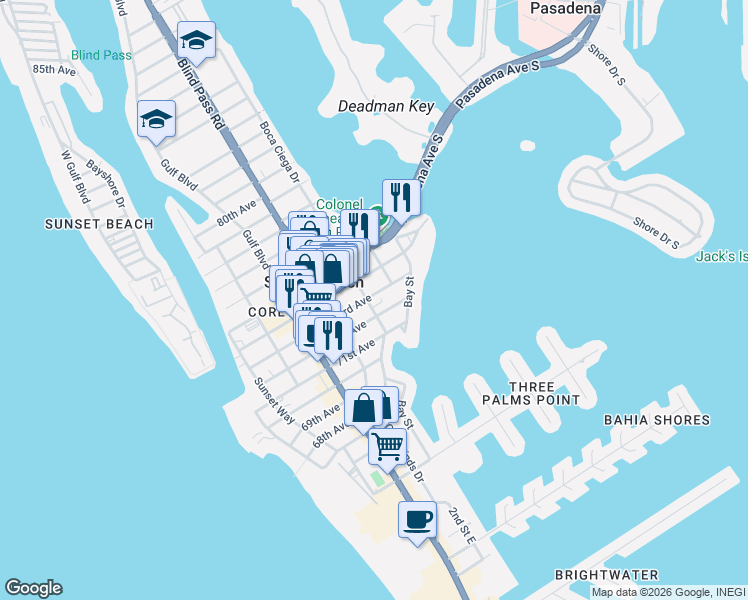 map of restaurants, bars, coffee shops, grocery stores, and more near 220 73rd Avenue in St. Pete Beach