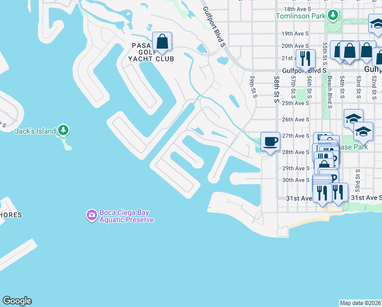 map of restaurants, bars, coffee shops, grocery stores, and more near 5941 Seabird Drive South in Gulfport
