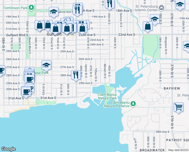map of restaurants, bars, coffee shops, grocery stores, and more near 2801 Tifton Street South in Gulfport