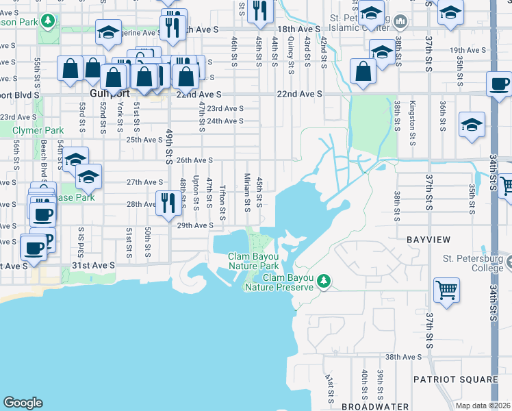map of restaurants, bars, coffee shops, grocery stores, and more near 2705 Miriam Street South in Gulfport
