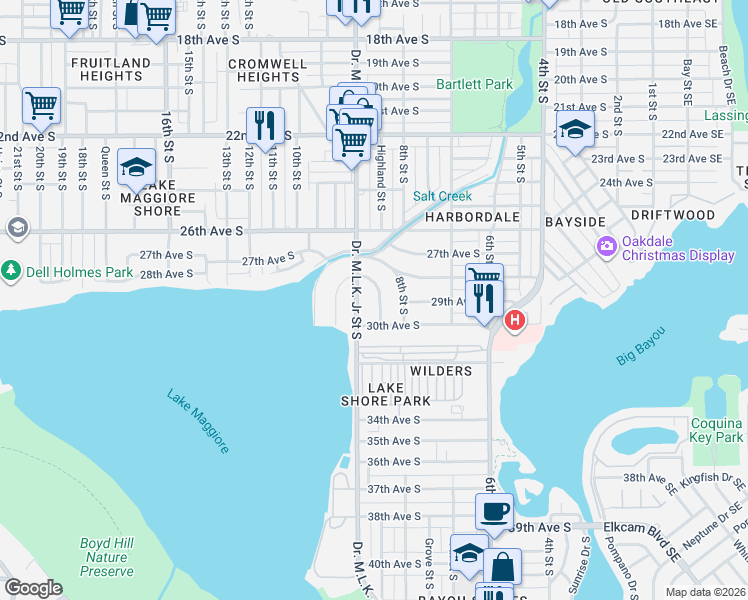 map of restaurants, bars, coffee shops, grocery stores, and more near 2868 Valencia Way South in St. Petersburg