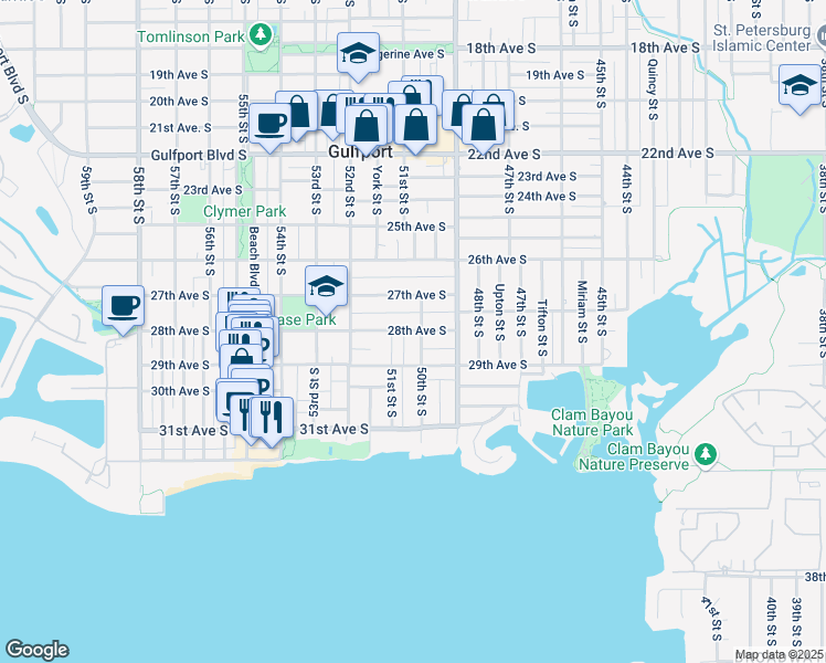 map of restaurants, bars, coffee shops, grocery stores, and more near 2728 50th Street South in Gulfport