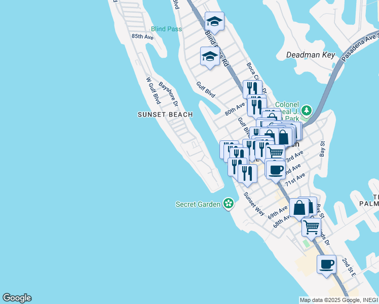 map of restaurants, bars, coffee shops, grocery stores, and more near 7701 77th Avenue in Treasure Island