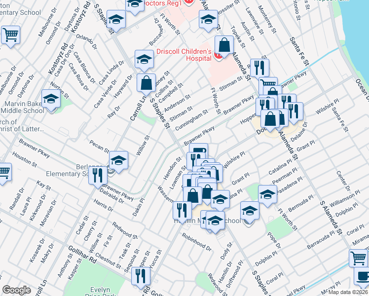 map of restaurants, bars, coffee shops, grocery stores, and more near 1033 Brawner Parkway in Corpus Christi