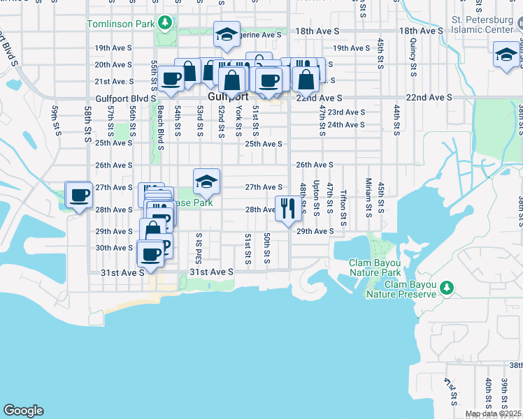 map of restaurants, bars, coffee shops, grocery stores, and more near 2728 50th Street South in Gulfport