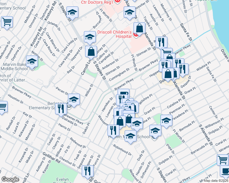 map of restaurants, bars, coffee shops, grocery stores, and more near 1033 Brawner Parkway in Corpus Christi