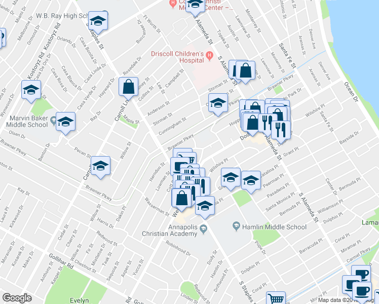 map of restaurants, bars, coffee shops, grocery stores, and more near 3722 Pope Drive in Corpus Christi