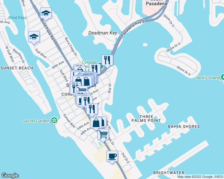 map of restaurants, bars, coffee shops, grocery stores, and more near 7141 Bay Street in Saint Pete Beach