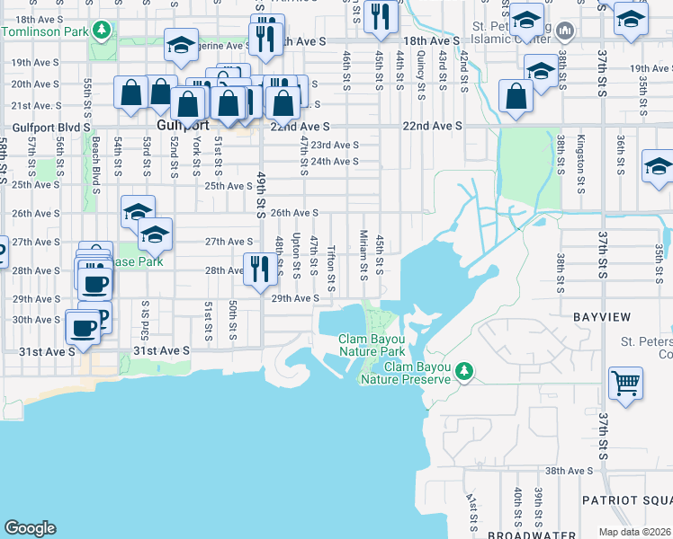 map of restaurants, bars, coffee shops, grocery stores, and more near 2801 Tifton Street South in Gulfport