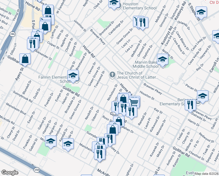 map of restaurants, bars, coffee shops, grocery stores, and more near 4302 Hollywood Terrace in Corpus Christi