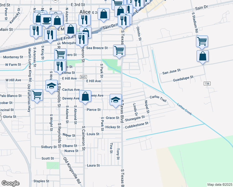 map of restaurants, bars, coffee shops, grocery stores, and more near 941 Dewey Avenue in Alice
